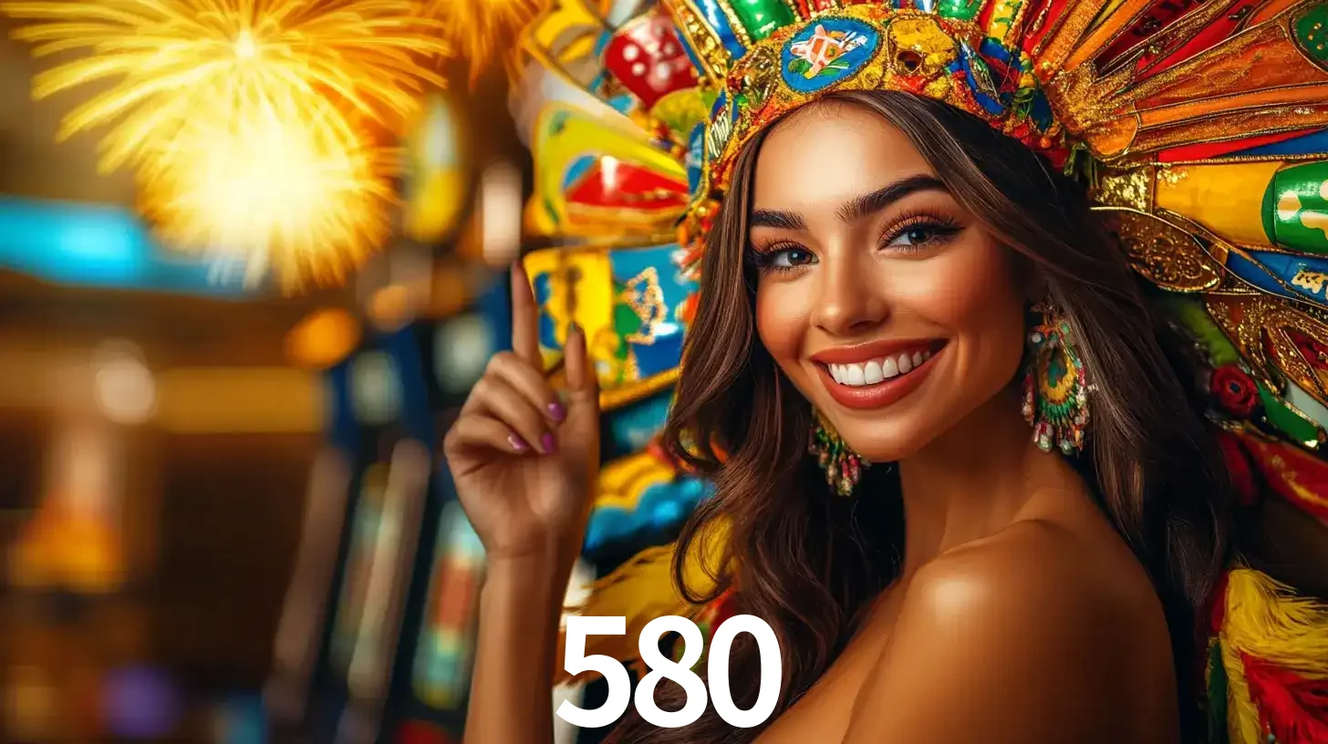 Mulher sorridente com um cocar de carnaval vibrante e colorido, celebrando uma grande vitória nos jogos do cassino 580 com fogos de artifício ao fundo.