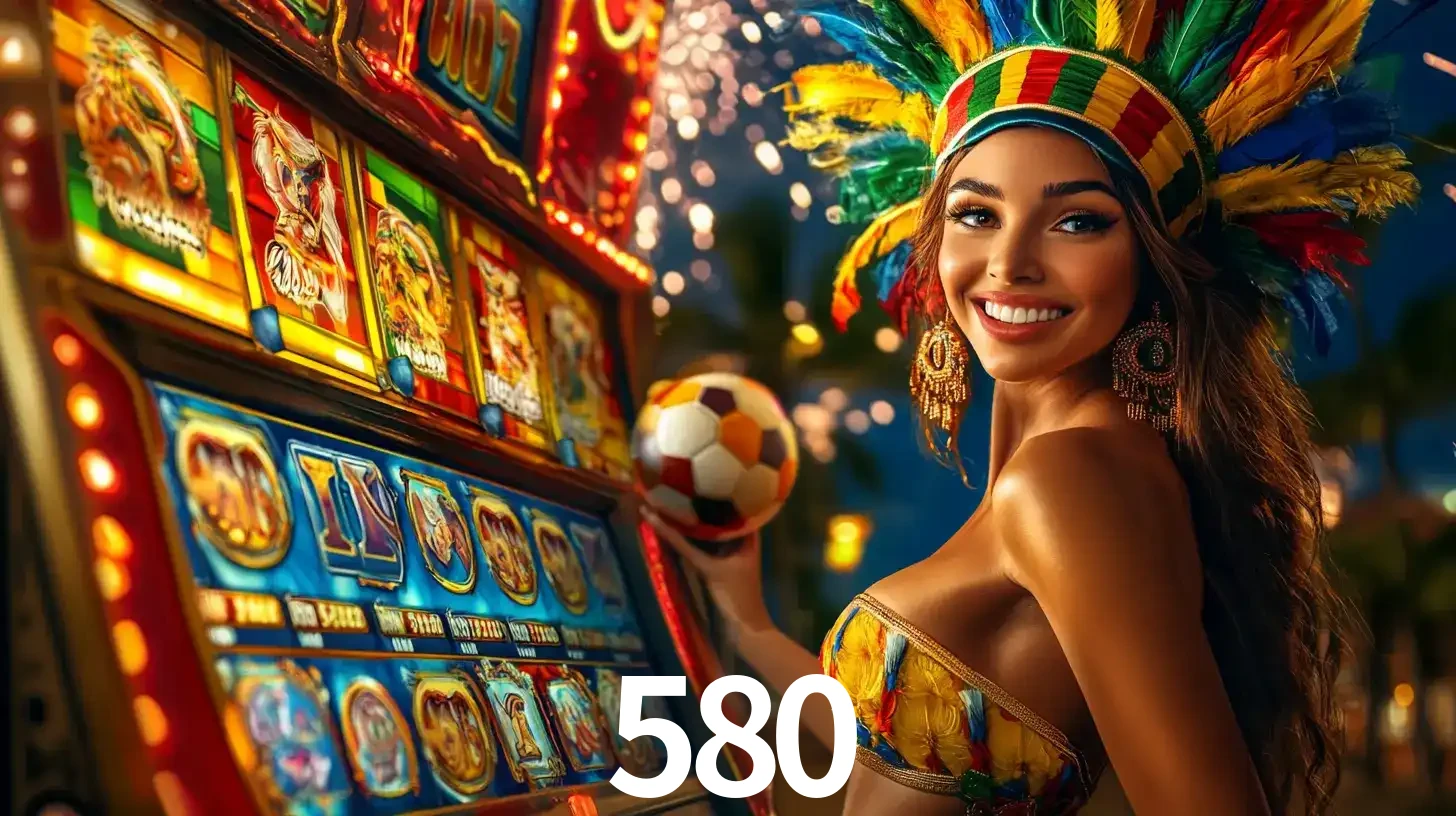 Mulher com um cocar de carnaval ao lado de uma máquina de caça-níqueis enquanto segura uma bola de futebol, mostrando a união da diversão de cassino e esportes no 580.