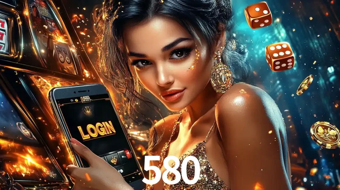 Mulher glamourosa segurando um celular com a tela de login do cassino 580, rodeada por dados e moedas douradas, pronta para começar a diversão.