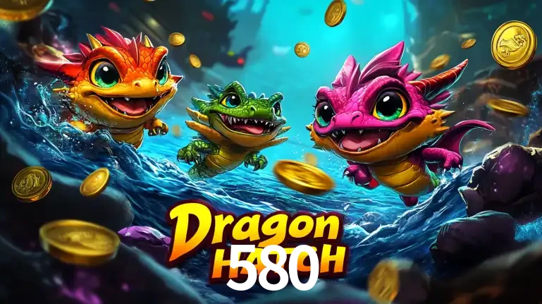 Arte promocional do jogo Dragon Hatch com três adoráveis dragões bebês nadando entre moedas de ouro, um dos slots mais divertidos para jogar no cassino 580.