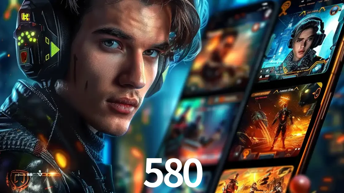 Jovem jogador com fones de ouvido olhando para a câmera, com um aplicativo de jogos e e-sports para celular ao fundo, pronto para a competição e apostas no 580.