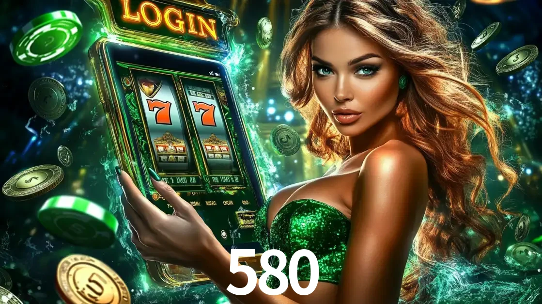 Mulher com tema verde apresentando o aplicativo do cassino 580 com um jogo de slot de 777, cercada por fichas de cassino e uma aura de sorte.