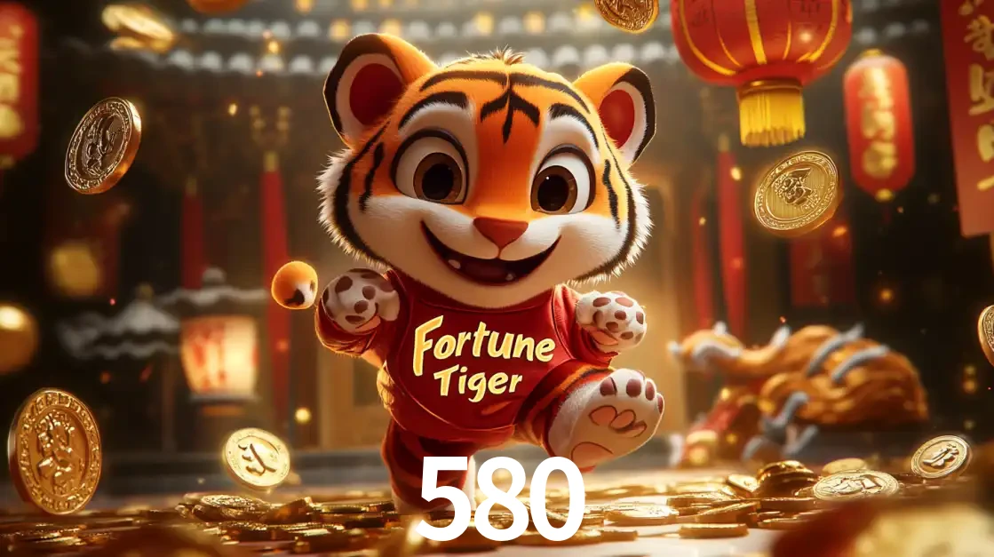 O alegre personagem do Fortune Tiger correndo sobre um caminho de moedas de ouro, simbolizando os grandes prêmios e a diversão do popular jogo de slot do 580.