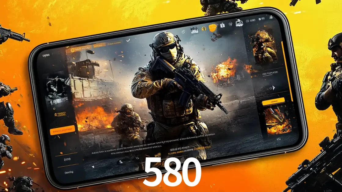 Um smartphone exibindo a interface de um jogo de tiro em primeira pessoa, com um soldado em um cenário de batalha, representando a ação dos e-sports para apostar no 580.