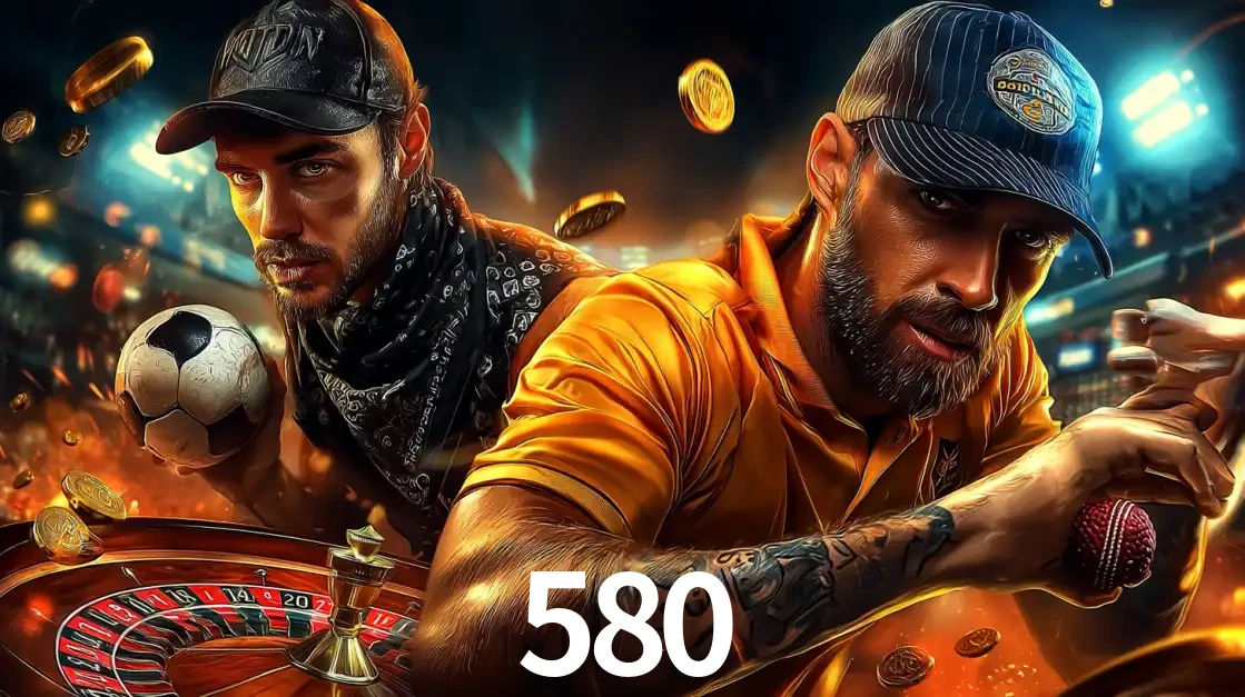 Montagem de apostas esportivas e cassino no 580, com um homem segurando uma bola de futebol e outro uma de beisebol sobre uma roleta e moedas voadoras.