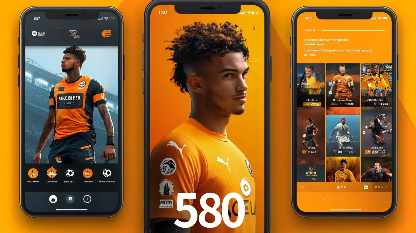 Interface do aplicativo de apostas esportivas 580 em três telas de celular, mostrando o perfil de um jogador de futebol e a lista de jogos disponíveis para apostar.