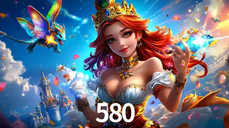 A princesa de um reino de fantasia mágico, com seu pequeno dragão, apresentando um mundo de prêmios encantados nos jogos de caça-níqueis do cassino 580.