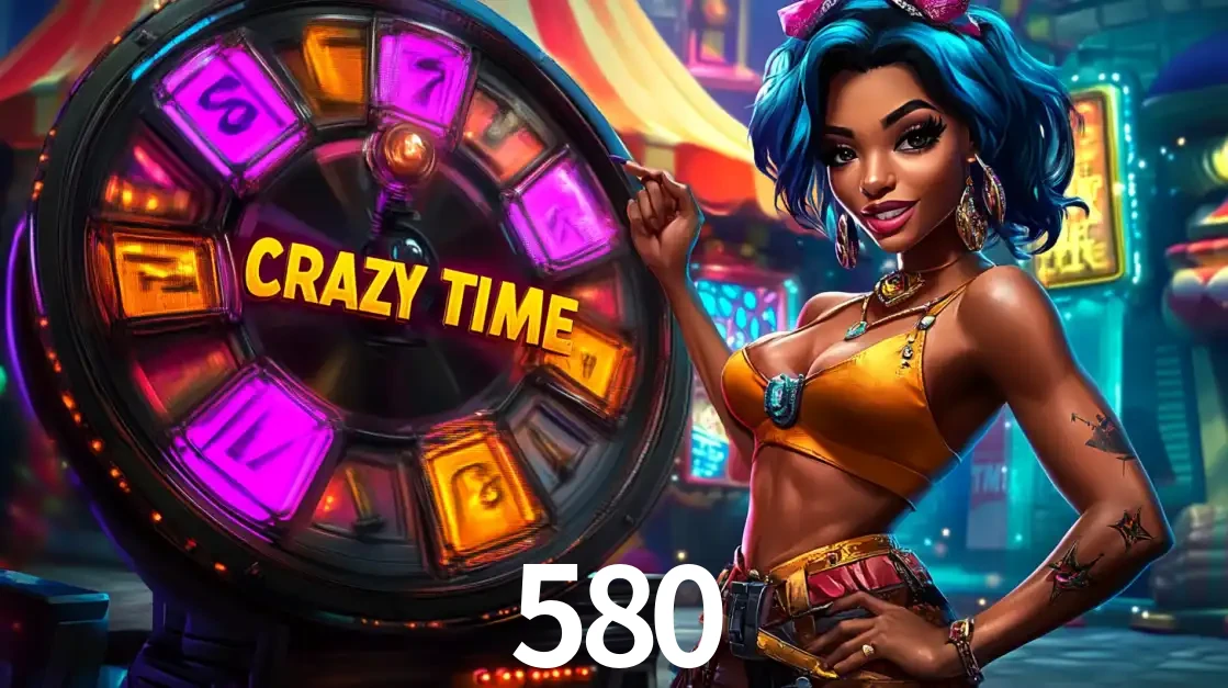 Mulher estilizada com cabelo azul e visual vibrante posando ao lado da roda de prêmios do game show Crazy Time, convidando para a diversão e os bônus do cassino 580.