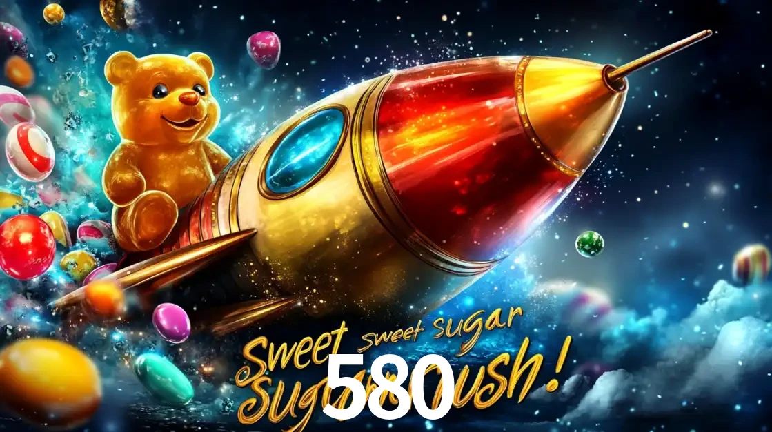 Arte promocional do jogo de slot Sugar Rush, com um urso de pelúcia em um foguete viajando pelo espaço de doces, um dos jogos divertidos disponíveis no cassino 580.