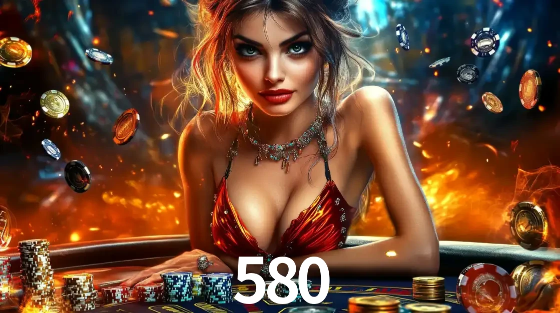 Mulher em uma mesa de cassino com pilhas de fichas e um fundo de fogo, pronta para uma rodada de altas apostas nos jogos de mesa emocionantes do cassino 580.