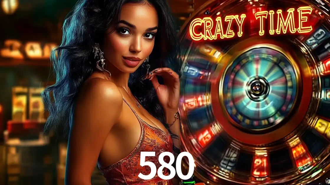 Mulher elegante ao lado da vibrante roda da fortuna do jogo de cassino ao vivo Crazy Time, um dos game shows mais populares e cheios de prêmios do 580.