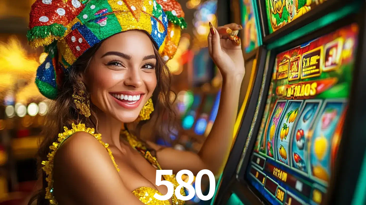 Mulher feliz com traje de carnaval amarelo e colorido ao lado de uma máquina de caça-níqueis, aproveitando a diversão e os jogos temáticos do cassino 580.