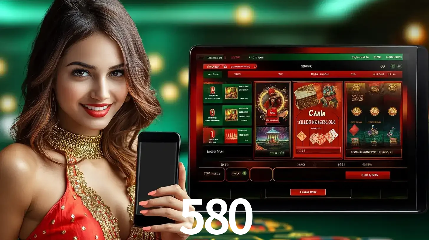 Mulher sorridente segurando um smartphone, ao lado de uma tela exibindo o lobby de jogos do cassino online 580, com várias opções de jogos de cartas e slots.